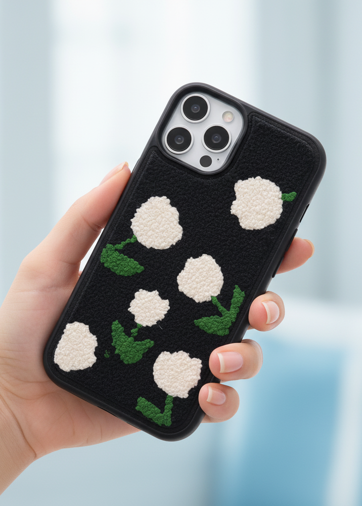 3D Fluffy Floral Embroidered Black Case